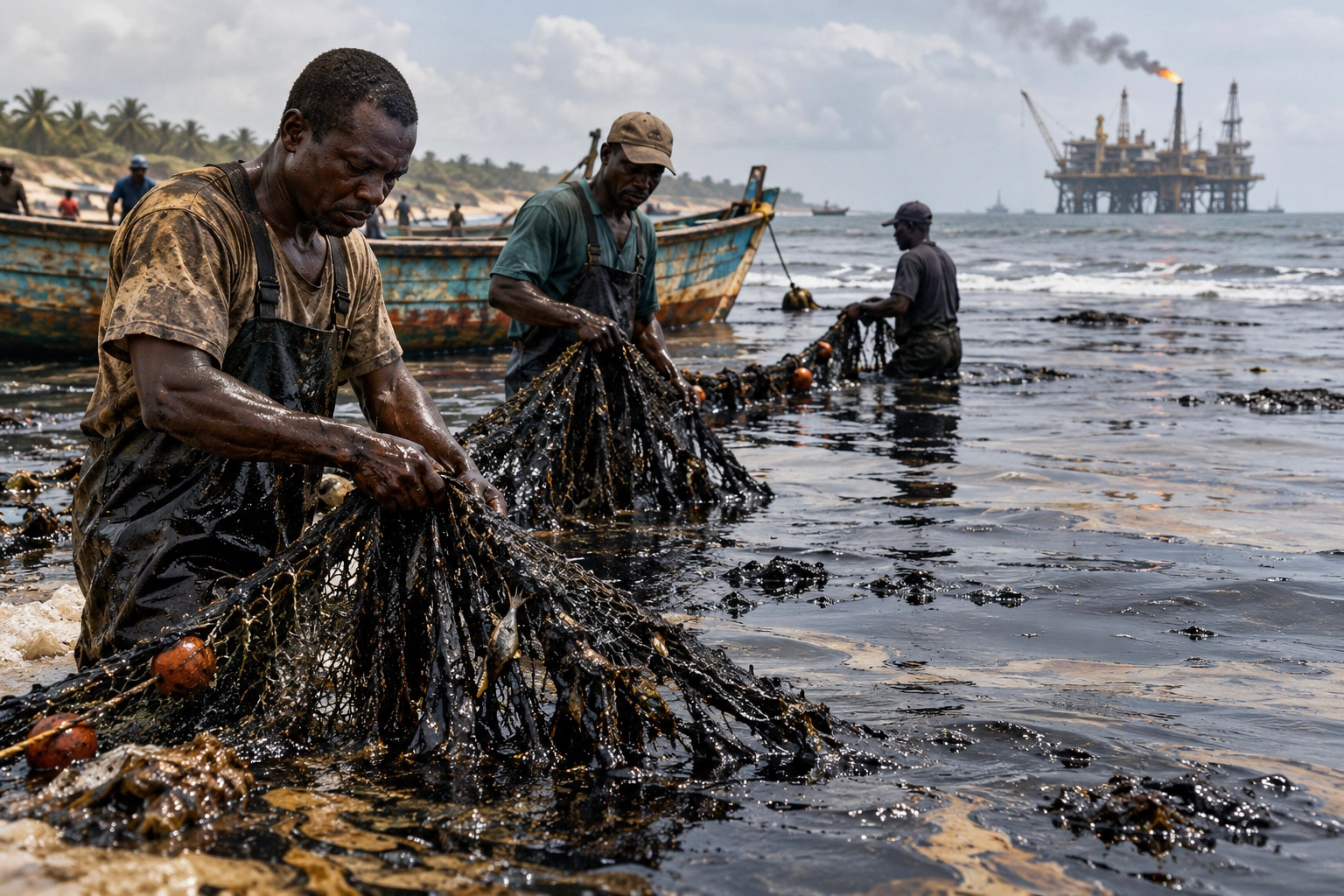 Ilustration of Angolan fishermen working in oil polluted waters. AI